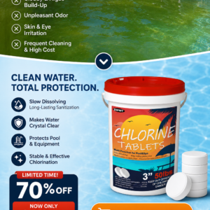 Large commercial size bulk 50lbs chlorine tablets container bucket for swimming pools and hot tubs.