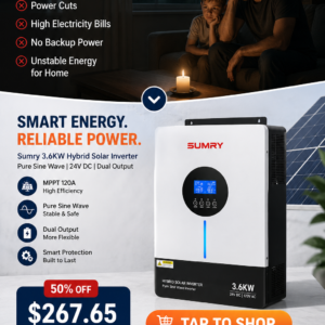 Sumry MPS-VIII Eco Series 3.6KW hybrid pure sine wave power supply unit showing digital active metrics screen on elegant blue chassis.