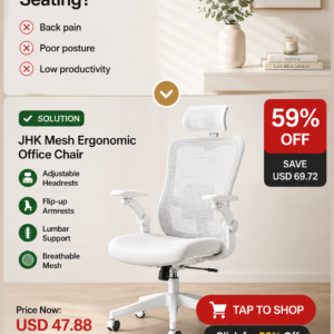 Modern white ergonomic desk chair with gray cushion and breathable mesh backrest showing pneumatic adjustment lever.