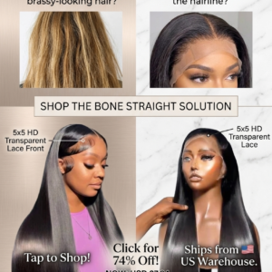 Woman wearing long sleek 46-inch bone straight black human hair lace front wig next to the same wig displayed on a mannequin stand.