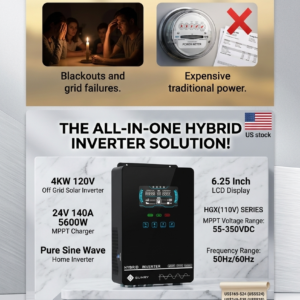Black Sumry HGX Series 4000W 120VAC hybrid off-grid solar inverter showing real-time metrics on a blue LCD digital monitoring display screen.