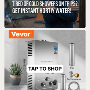 VEVOR commercial-grade stainless steel tankless water heater displaying industrial control knobs, side ventilation slots, and detailed installation dimensions.