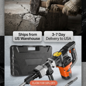 SucceBuy industrial 1400W electric concrete breaker bundle showcasing dual alloy steel chisel attachments and an executive blow-molded storage case.
