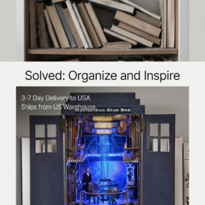 Mysterious blue box time-travel machine book nook shelf insert model with illuminated interior accessories.