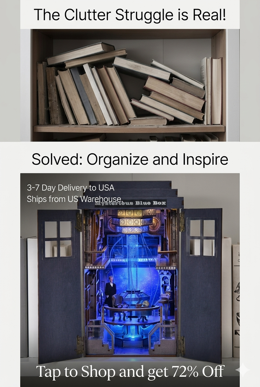 image_2c427b7a (1) Mysterious blue box time-travel machine book nook shelf insert model with illuminated interior accessories.