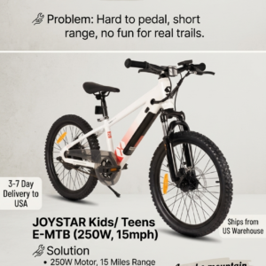Sleek white JOYSTAR 250W electric mini trail bike with dual handbrakes and heavy-duty knobby tires.