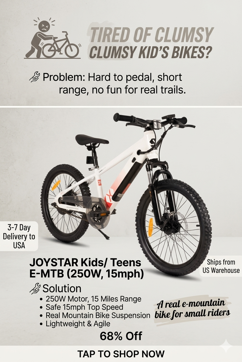 image_366f4dc Sleek white JOYSTAR 250W electric mini trail bike with dual handbrakes and heavy-duty knobby tires.