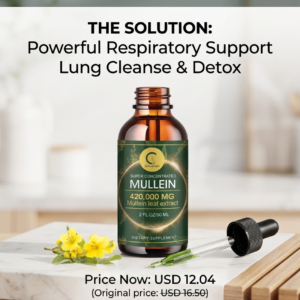 GreenPeople super concentrated 420,000 mg mullein leaf extract dietary supplement bottle emphasizing organic ingredients and milliliter measurement markings.