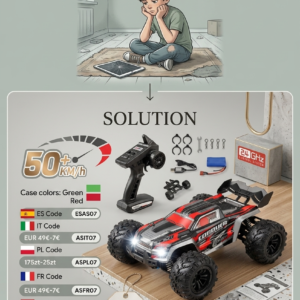 High speed 1:16 scale four wheel drive RC monster truck with spare battery pack.