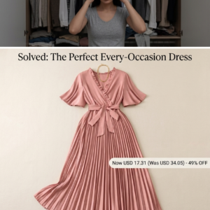 Elegant dusty rose pink wrap pleated maxi dress showing ruffled flutter sleeves and matching waist belt.
