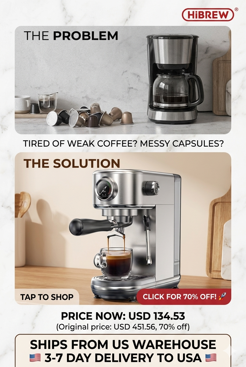 A super slim stainless steel HiBREW H10B semi-automatic espresso machine brewing coffee into a cup, showcasing its compact design and professional steam wand.
