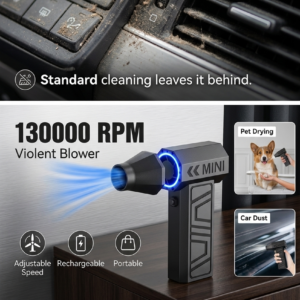 Portable high speed rechargeable mini electric air blower fan showing pet drying and car cleaning application images.