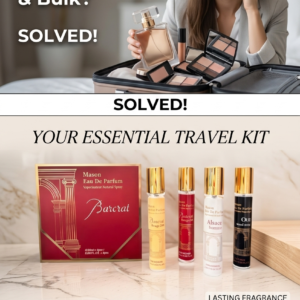 Luxury red and gold Mason Barcrat perfume gift box displayed with four elegant travel-sized fragrance sprays.