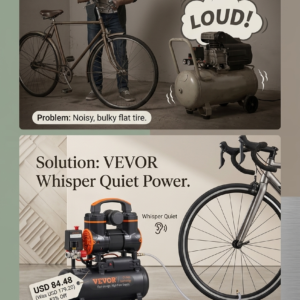 VEVOR industrial silent air compressor machine displaying steel flow valves and non-slip rubber feet pads.