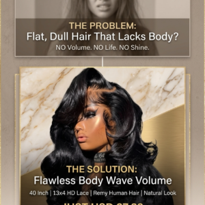 Side profile of premium quality 42-inch black body wave human hair wig featuring perfectly styled voluminous layers.
