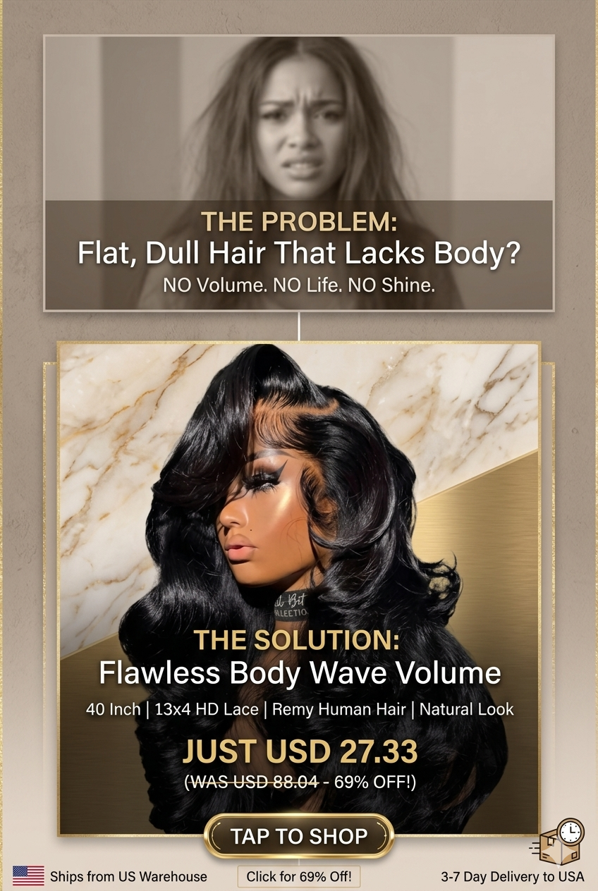 Side profile of premium quality 42-inch black body wave human hair wig featuring perfectly styled voluminous layers.