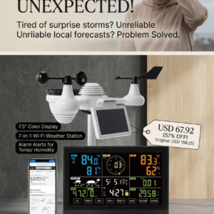 Smart wireless home weather monitoring hub showcasing high-visibility 7.5 inch display metrics and real-time app connectivity template interface.