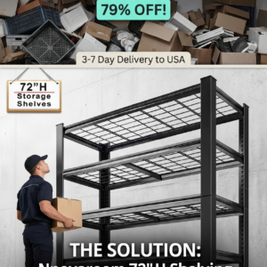Nnovaroom industrial 72-inch black steel shelving system showing five tiers of wire grid decks alongside a worker for scale.