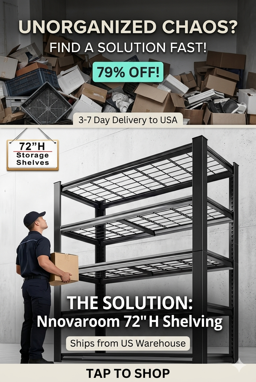 Nnovaroom industrial 72-inch black steel shelving system showing five tiers of wire grid decks alongside a worker for scale.