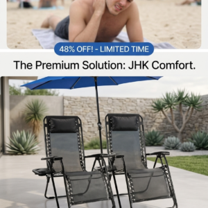Modern black luxury outdoor lounge recliners styled with an integrated blue shade umbrella on golden sand.