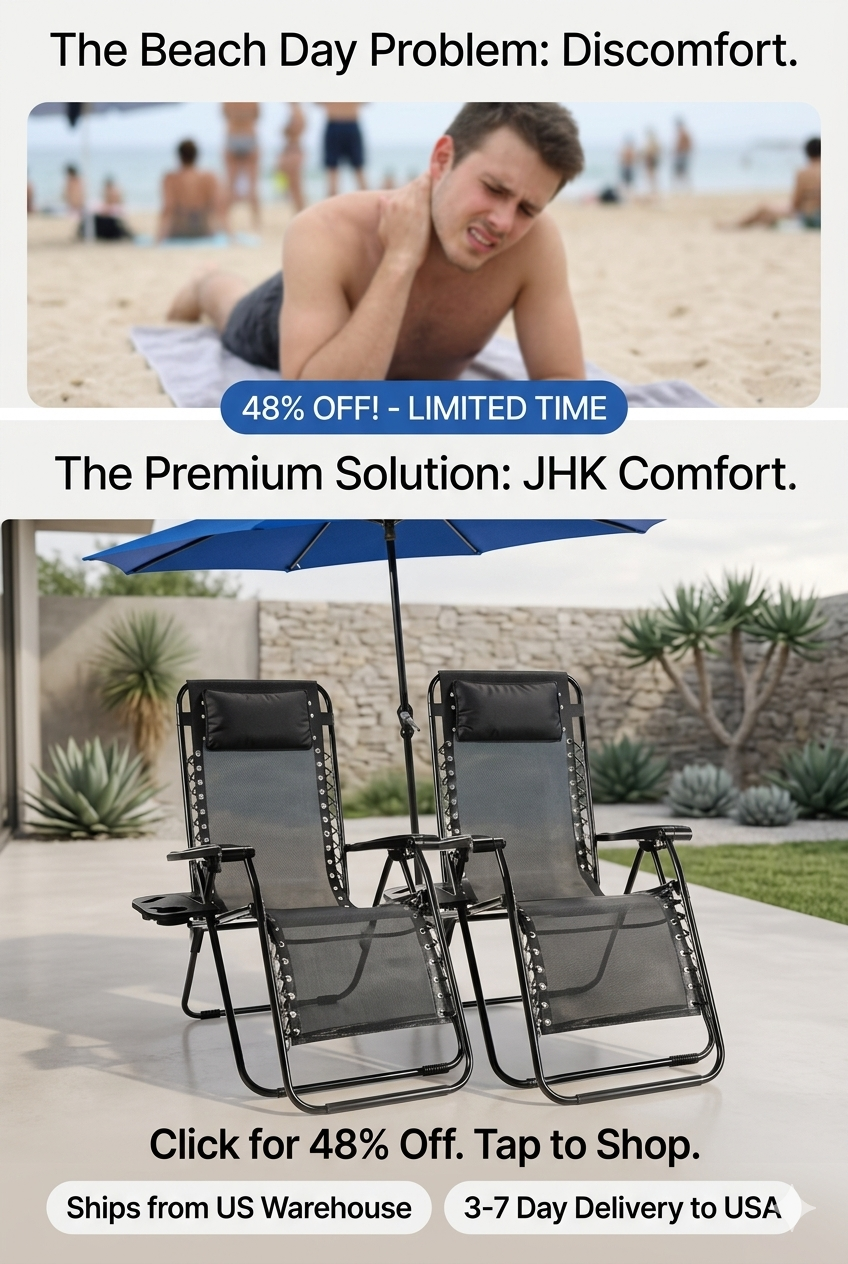 Modern black luxury outdoor lounge recliners styled with an integrated blue shade umbrella on golden sand.