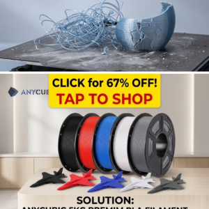 Anycubic 5KG multi-color 1.75mm PLA filament spools aligned with printed fighter jet prototypes displaying premium industrial finish.