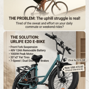 URLIFE E20 electric trail mountain fat tire bike with industrial mechanical frame structure layout.