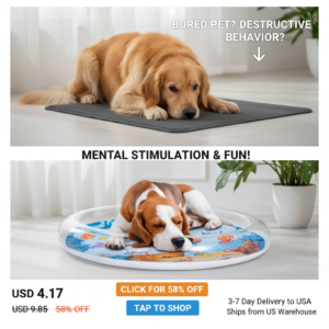 An organic ocean-printed pet water mat highlighting vibrant aquatic scenery like shipwrecks and octopuses while supporting a resting dog.