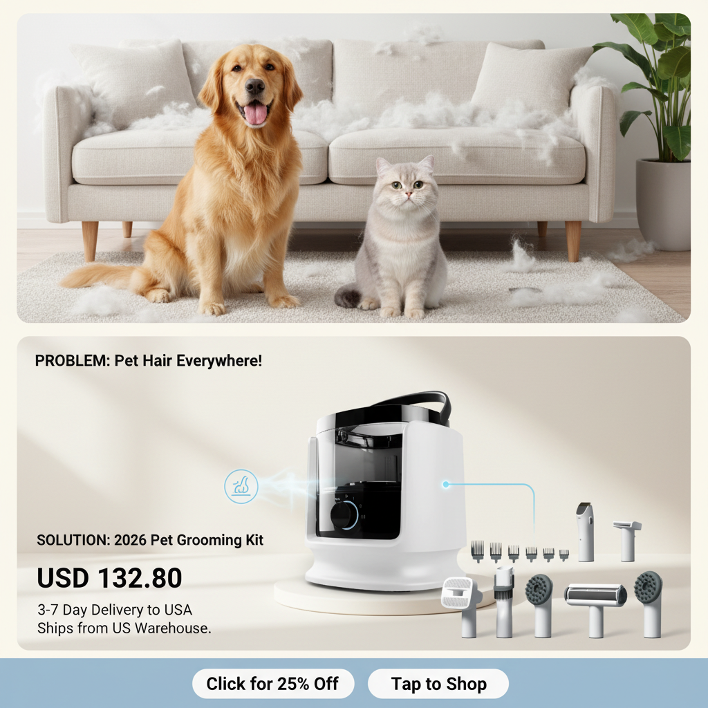 An all-in-one home pet grooming station featuring a white vacuum collection tank next to various clipping, brushing, and vacuuming tool attachments.