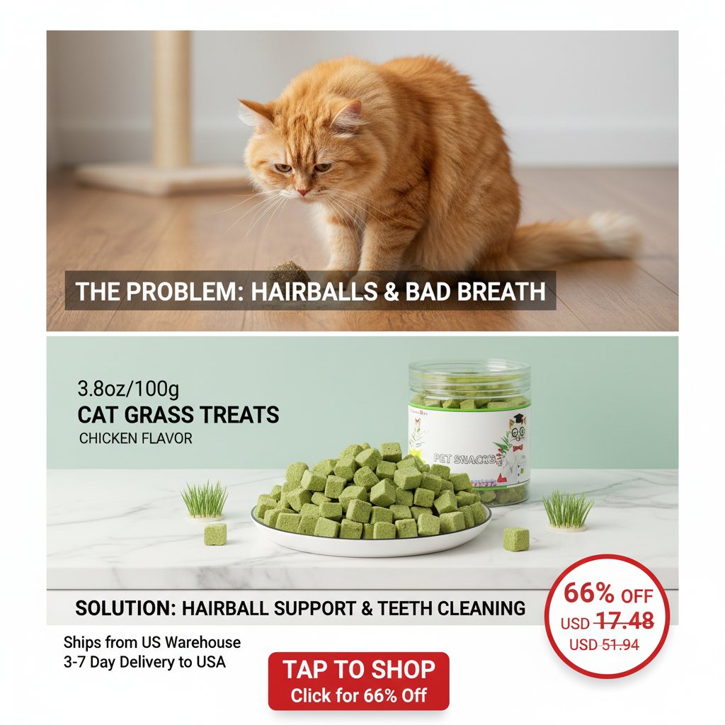 A premium display of organic green chicken-flavored cat grass teething cubes piled together alongside their matching clear plastic storage canister.