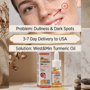Product display of West & Month Turmeric Oil 100% Pure and Natural liquid serum bottle showing the lightweight texture alongside a woman's radiant facial skin.