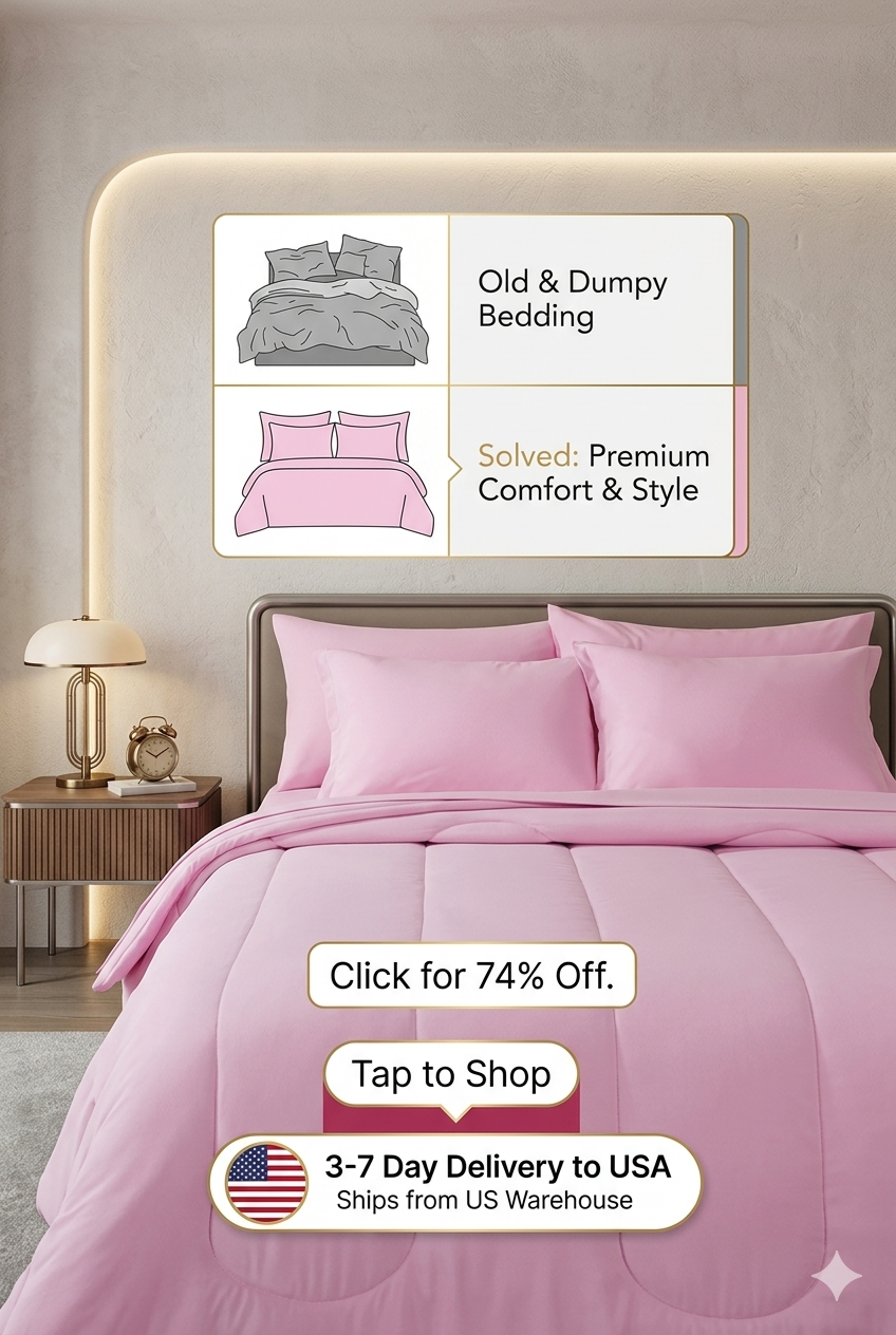All-inclusive 7-piece pastel pink kids microfiber bedding set with comforter, sheets, and pillowcases arranged cleanly on a white bed frame.