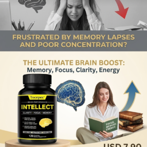 Dietary supplement product display showcasing a Tecepec Intellect brain performance bottle for memory, focus, and clarity alongside a woman reading a book next to stacked novels.