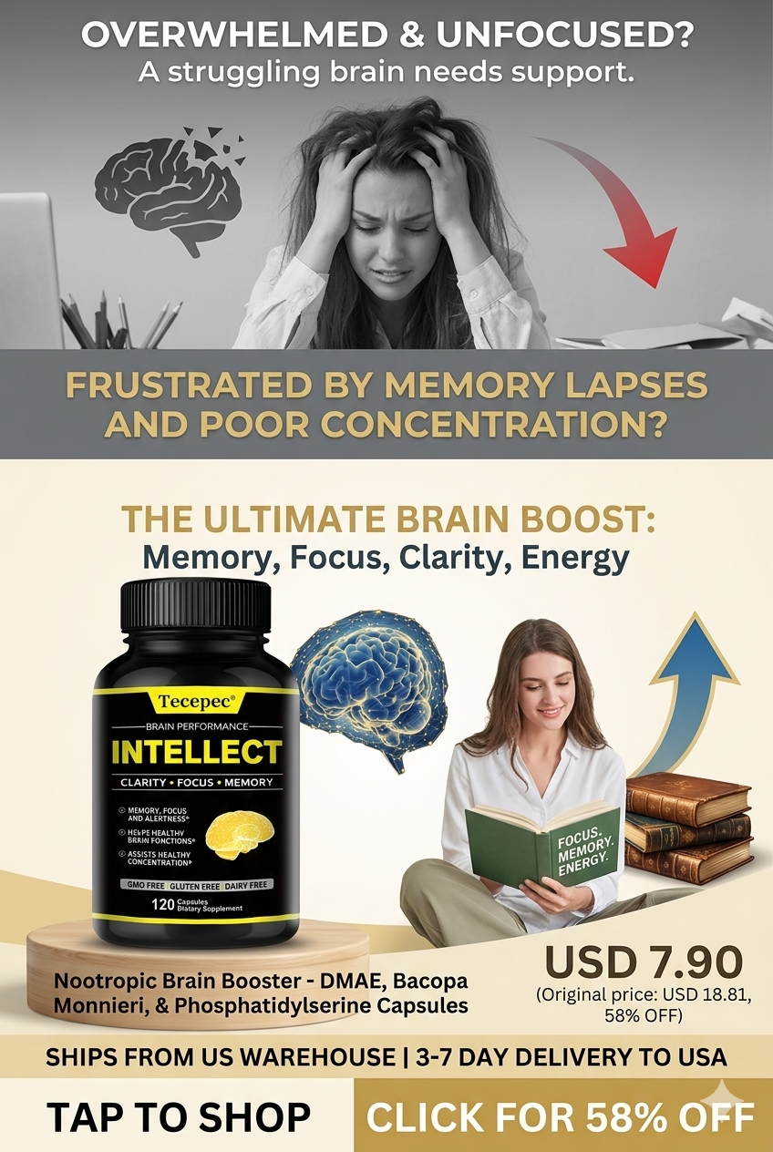 Dietary supplement product display showcasing a Tecepec Intellect brain performance bottle for memory, focus, and clarity alongside a woman reading a book next to stacked novels.