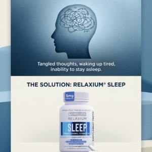 A bottle of Relaxium Sleep Aid dietary supplement capsules for adults on a nightstand with a dark background.
