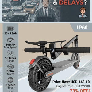 Matte black LADPED LP60 folding electric scooter with 8.5 inch wheels standing upright on an urban sidewalk.