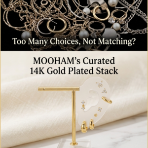 Curated selection of gold M MOOHAM hypoallergenic flat back cartilage earrings and dainty mini huggie hoops displayed on a clean studio display.