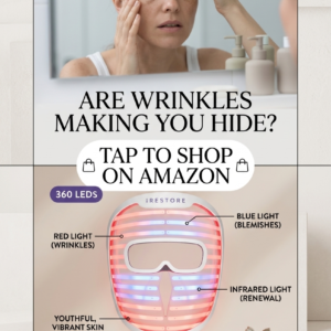White iRestore Illumina LED Face Mask with integrated eye safety shields showing glowing red and blue light therapy modes.