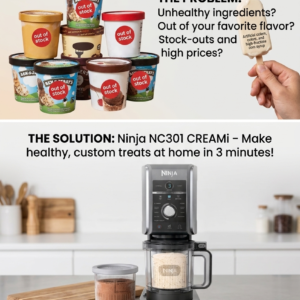 Silver Ninja NC301 CREAMi ice cream maker on a kitchen counter next to two filled pint containers with lids.