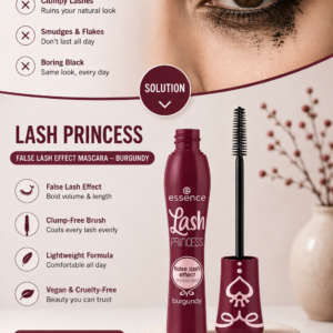 Single pack of essence Lash Princess False Lash Effect Mascara in the burgundy shade showing its iconic conic fiber brush.