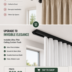 11.8 foot ultra-thin black aluminum ceiling curtain track mounted flush against a modern living room ceiling with silent hooks.