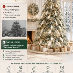 Six foot YITAHOME pre-lit flocked pampas artificial Christmas tree glowing with 400 warm lights in a cozy minimalist living room.