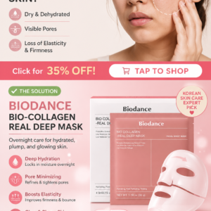 Maison & Macro affiliate review photo showcasing the BIODANCE Bio-Collagen Real Deep Mask 4-pack packaging resting on a clean vanity table next to an unboxed overnight hydrogel face mask.