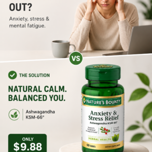 Maison & Macro affiliate review photograph showcasing a green bottle of Nature's Bounty Anxiety & Stress Relief 50 tablets containing KSM-66 Ashwagandha and L-Theanine.