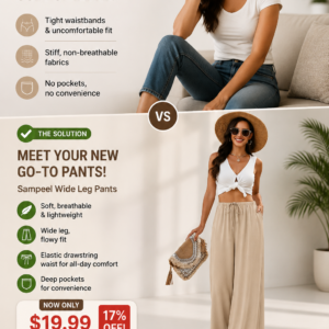 Maison & Macro affiliate review photo showcasing a model wearing beige Sampeel wide leg palazzo pants with a drawstring waist, styled with a white tie-front crop top.