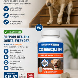 Maison & Macro affiliate review photo showcasing the front label of a white bottle of Nutramax Cosequin Joint Health Supplement 60 chewable tablets resting on a modern vanity counter next to a textured round dog treat.