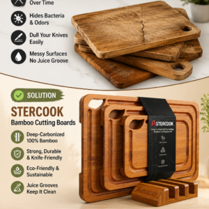 Astercook deep-carbonized bamboo cutting boards with wood storage stand on a modern kitchen countertop displaying juice grooves and easy-grip handles.