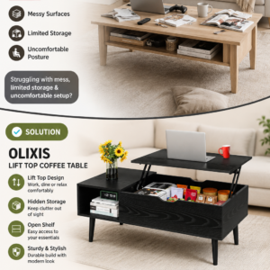 OLIXIS black wooden lift top coffee table raised open in a modern living room showing a hidden storage compartment and lower shelf holding books.