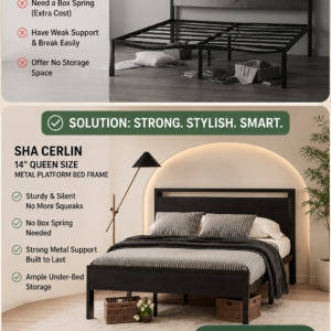SHA CERLIN queen size black metal platform bed frame with a rustic black oak wooden headboard and footboard styled in a modern bedroom.