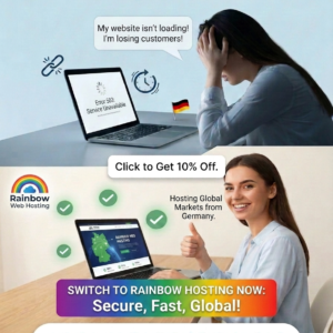 Performance table from Maison & Macro comparing secure German Rainbow Web Hosting metrics, green energy specs, and pricing benefits against standard hosting providers.